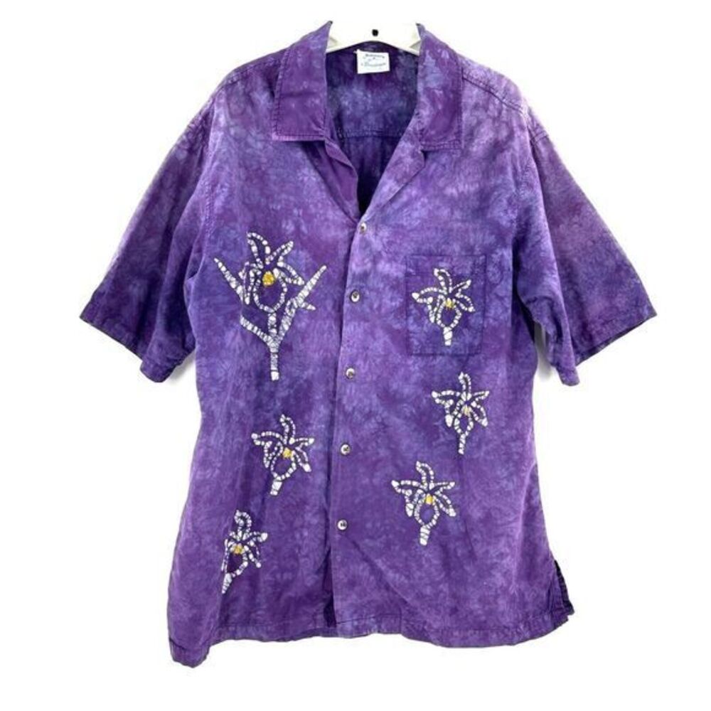 Vintage Tie Dye Hawaiian Shirt Men's Large Purple Floral 80s 90s‎ USA Made Rare